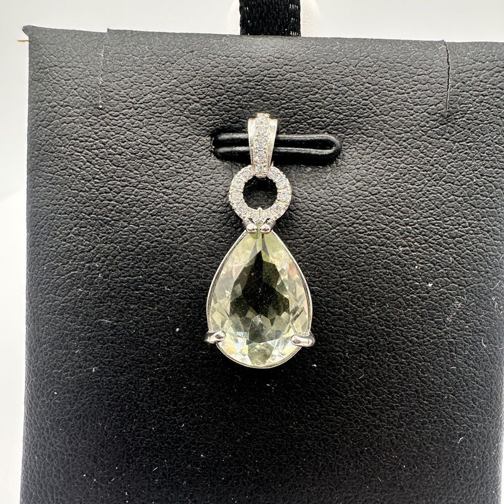 Green quartz/Praisiolite pear cut pendant in cz diamonds and .925 silver!